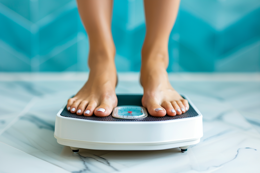 Czy mikrobiom osób z prawidłową masą ciała różni się od mikroflory osób z otyłością? Jak mikrobiom wpływa na naszą masę? Zbliżenie na kobiece stopy stojące na wadze w łazience z niebieskimi kafelkami.