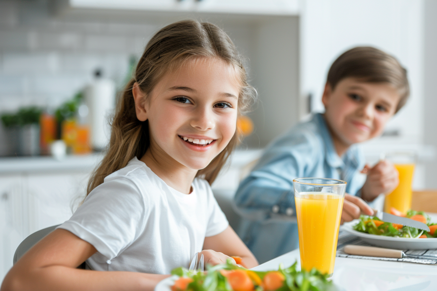 Zdrowe nawyki u dzieci - jak je wykształcić od najmłodszych lat? Jakiego rodzaju dobre nawyki są najważniejsze? Na pierwszym planie blondwłosa dziewczynka uśmiecha się do kamery przy śniadaniu, na drugim planie chłopiec. Oboje jedzą warzywa i piją sok pomarańczowy w domowej kuchni.