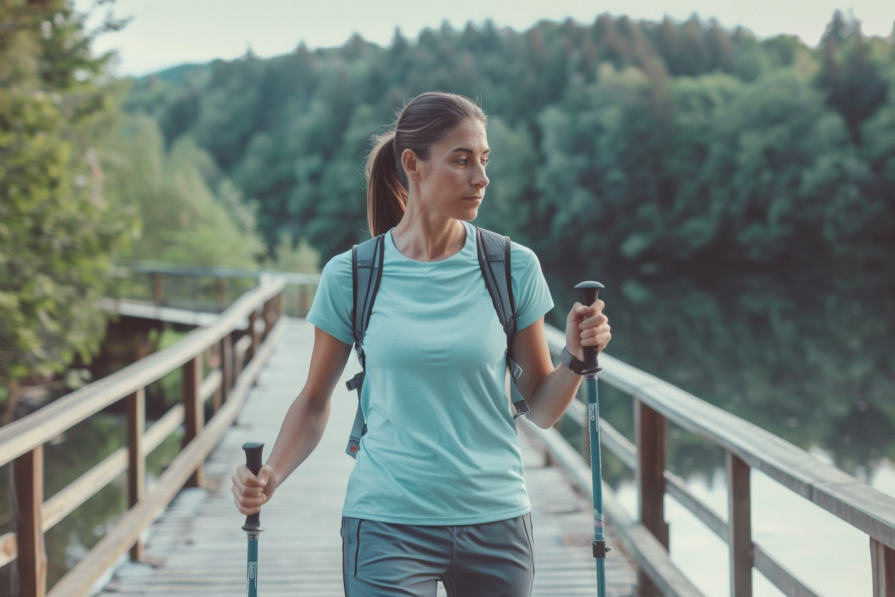 Ile ruchu dziennie? Ile kroków dziennie dla zdrowia? Kobieta uprawia nordic walking po kładce nad jeziorem.